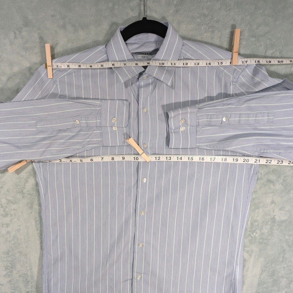 DKNY Mens Slim Fit Striped Dress Shirt Blue Green White Striped 15‎ 34/35 Cotton - Picture 7 of 8